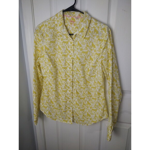 Boden Woman 10 LS Yellow White Cat Bird Floral Collared Button Classic Shirt - Picture 1 of 8